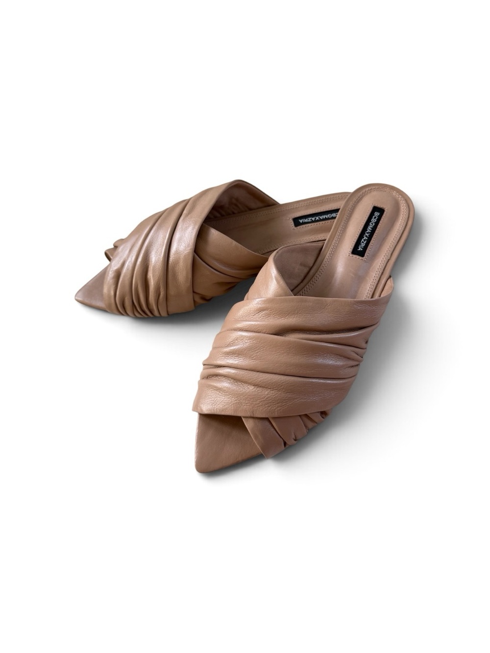 BCBGMaxAzria Tan Twisted Leather Pointed Toe Slide Mules